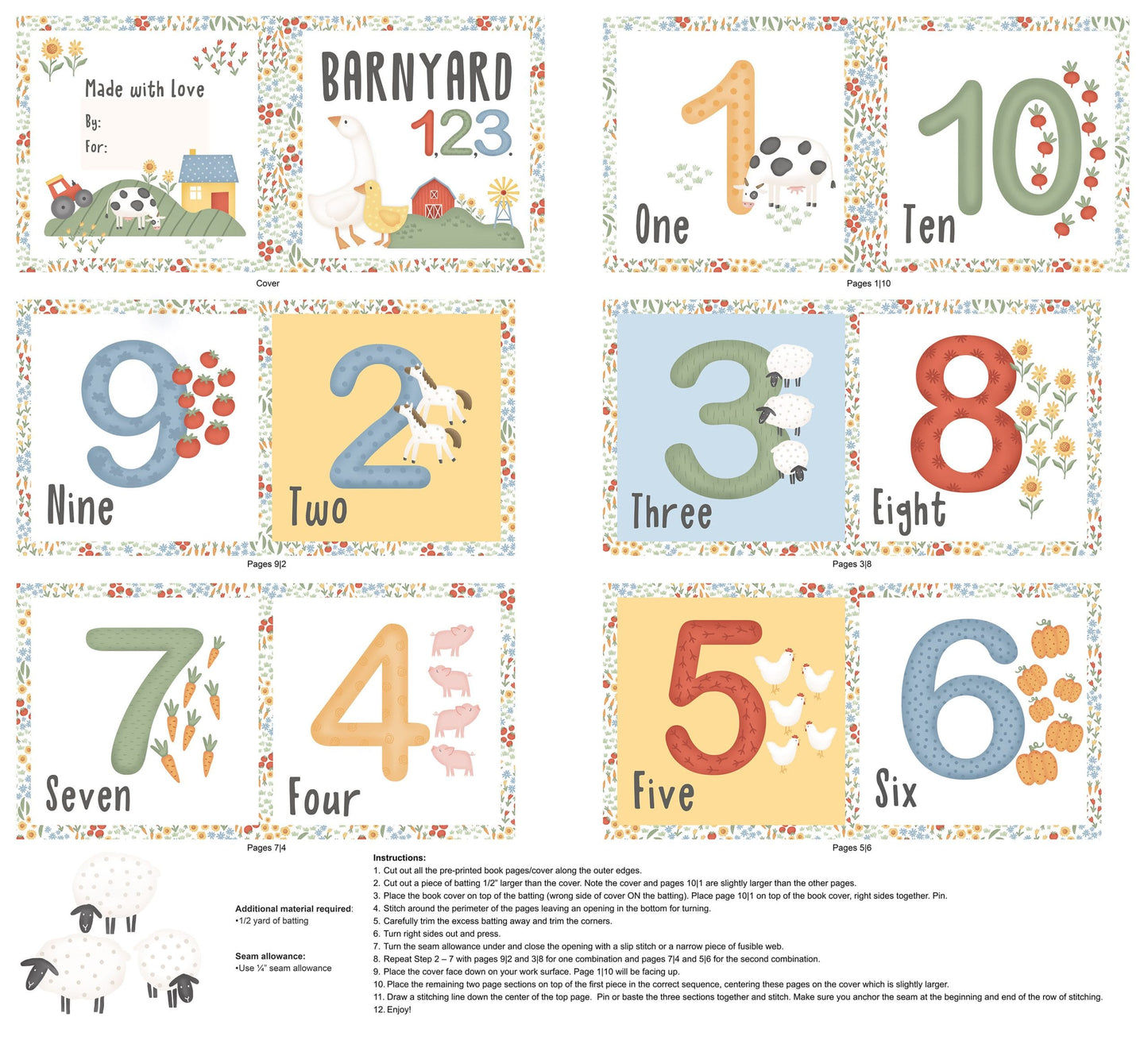 Northcott Quack Quack Moo Book Panel Quilting Cotton Fabric- White Multi