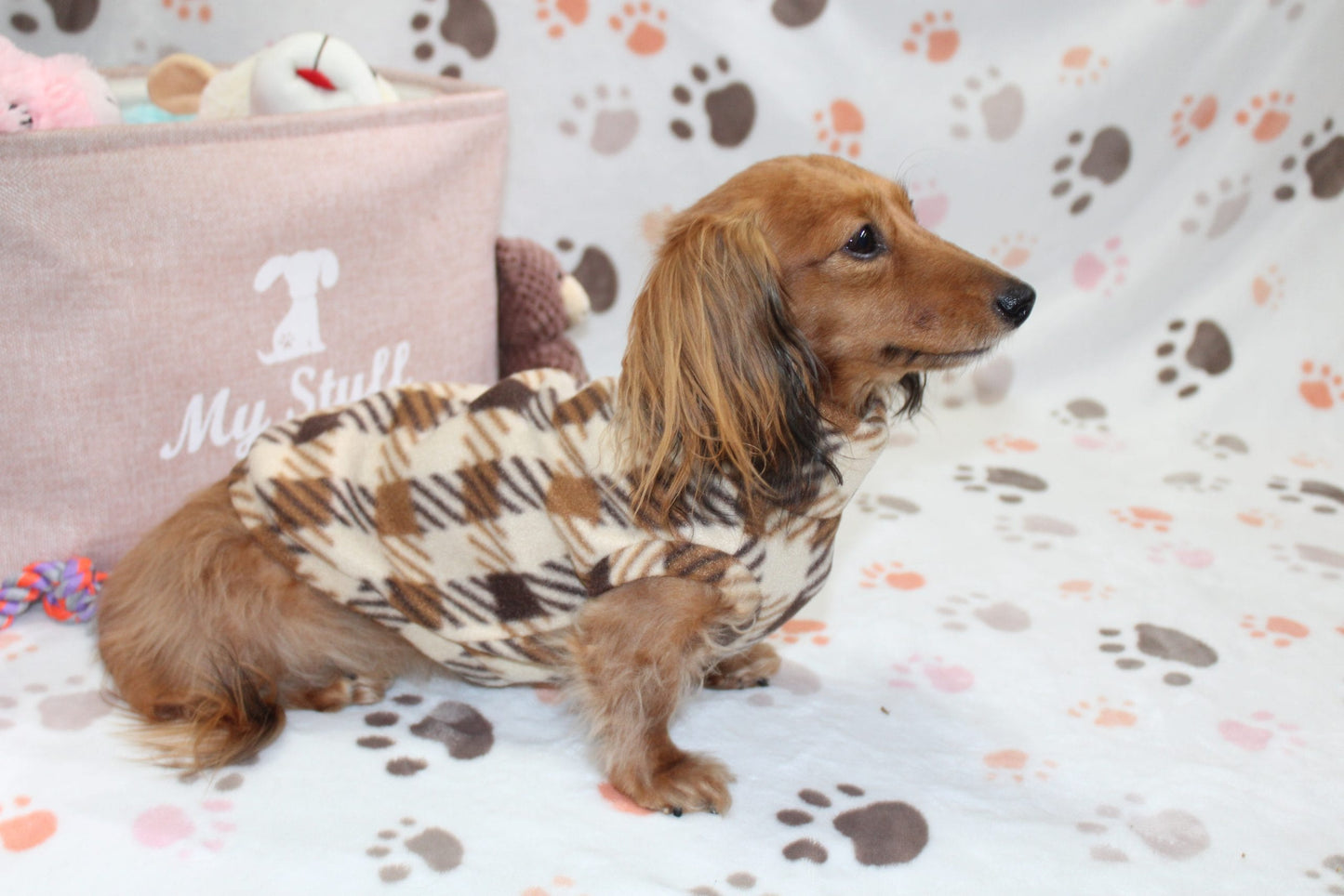 Deac Brown Plaid Dachshund Sweater - Measurements in item description
