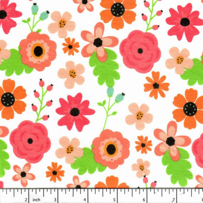 White Spring Flowers Flannel Fabric
