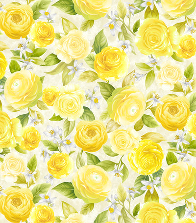 Timeless Treasures Lemon Bouquet Yellow Roses Quilting Cotton Fabric- Beige