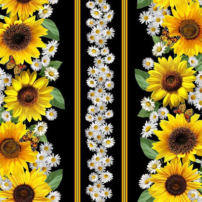 Timeless Treasures Sunflower Collection Sunflower & Butterflies 11" Stripe Quilting Cotton Fabric- Black