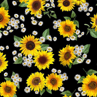 Timeless Treasures Sunflower Collection Sunflowers & Daisies Bouquets Quilting Cotton Fabric- Black