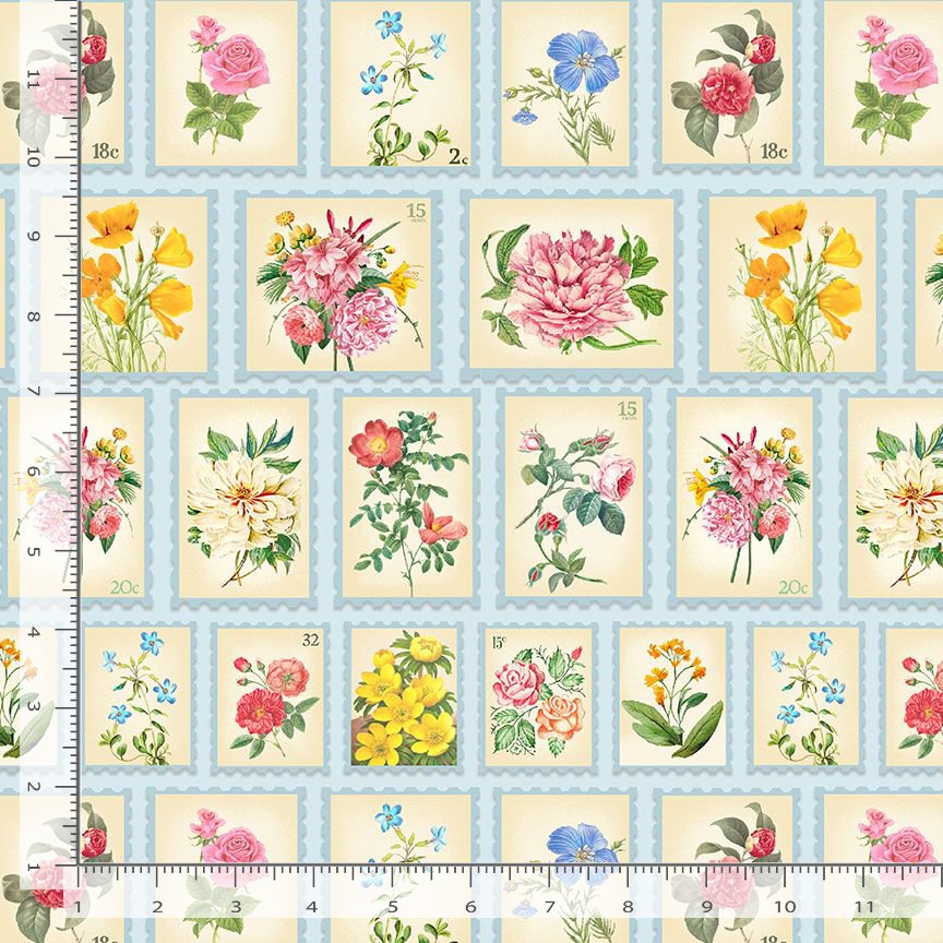Timeless Treasures Belle Fleur Floral Postage Stamps Quilting Cotton Fabric- Multi