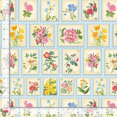 Timeless Treasures Belle Fleur Floral Postage Stamps Quilting Cotton Fabric- Multi