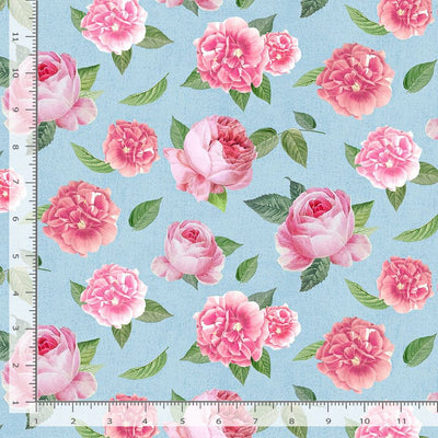 Timeless Treasures Belle Fleur Tossed Pink Roses Quilting Cotton Fabric- Blue
