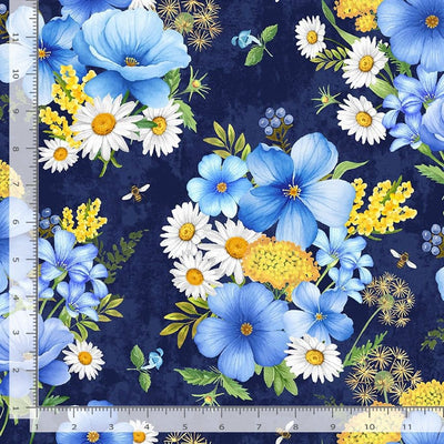 Timeless Treasures Bee Kind Bee Floral Bouquet Quilting Cotton Fabric- Navy