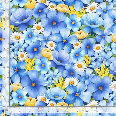 Timeless Treasures Bee Kind Medium Packed Floral Quilting Cotton Fabric- Blue