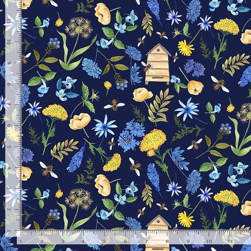 Timeless Treasures Bee Kind Tossed Small Floral Quilting Cotton Fabric- Navy