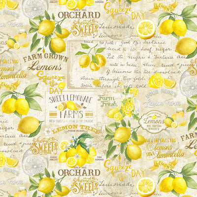 Timeless Treasures Lemon Bouquet Words and Lemons Quilting Cotton Fabric- Beige