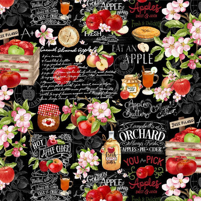 Timeless Treasures Orchard Valley Apple Farm Chart Quilting Cotton Fabric- Black