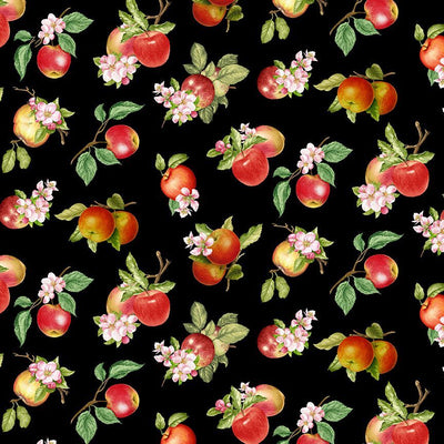 Timeless Treasures Orchard Valley Tossed Apples with Leaves Quilting Cotton Fabric- Black