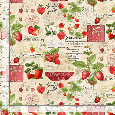 Timeless Treasures Berry Sweet Strawberries Market Collage Quilting Cotton Fabric- Beige