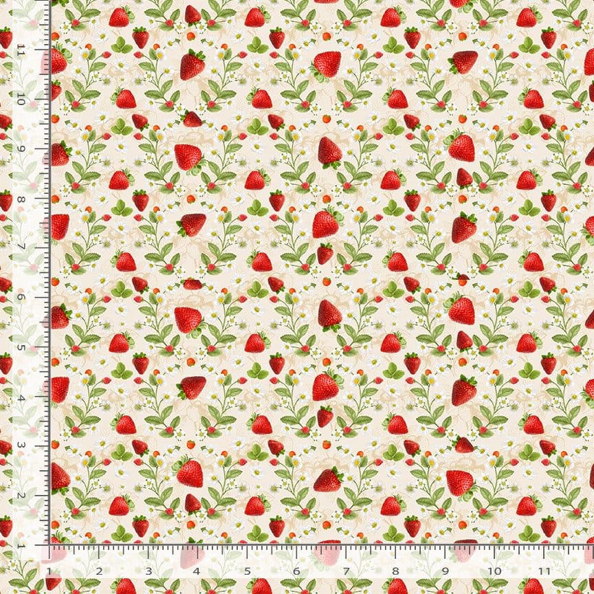 Timeless Treasures Berry Sweet Strawberries & Flowers Quilting Cotton Fabric- Ecru