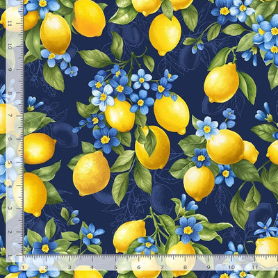 Timeless Treasures Limoncello Lemon Bouquet Quilting Cotton Fabric- Navy