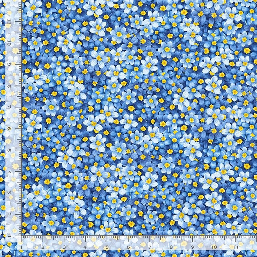 31" Remnant Timeless Treasures Limoncello Lemon Leaves & Flowers Quilting Cotton Fabric- Blue