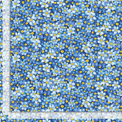 31" Remnant Timeless Treasures Limoncello Lemon Leaves & Flowers Quilting Cotton Fabric- Blue