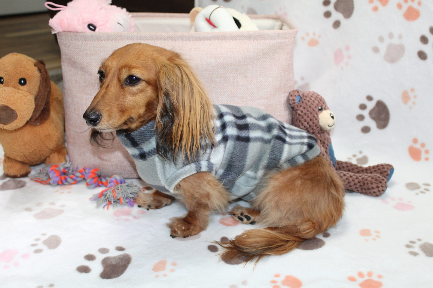 Falko Gray Plaid Dachshund Sweater - Measurements in item description
