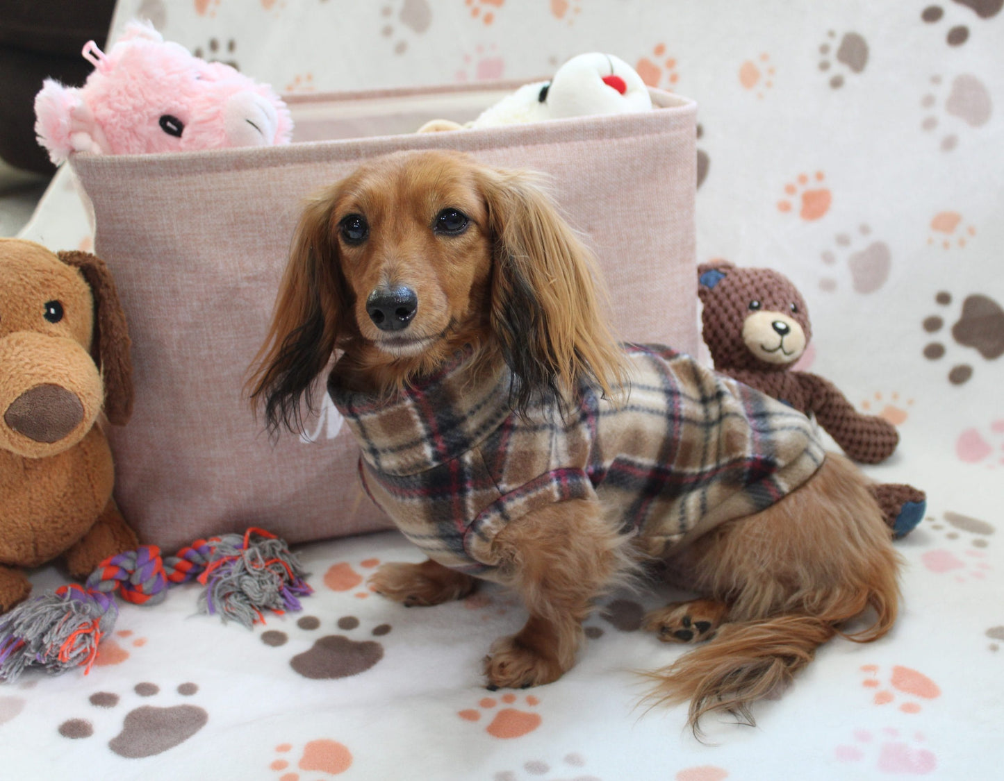 Falko Brown Plaid Fleece Dachshund Sweater - Measurements in item description