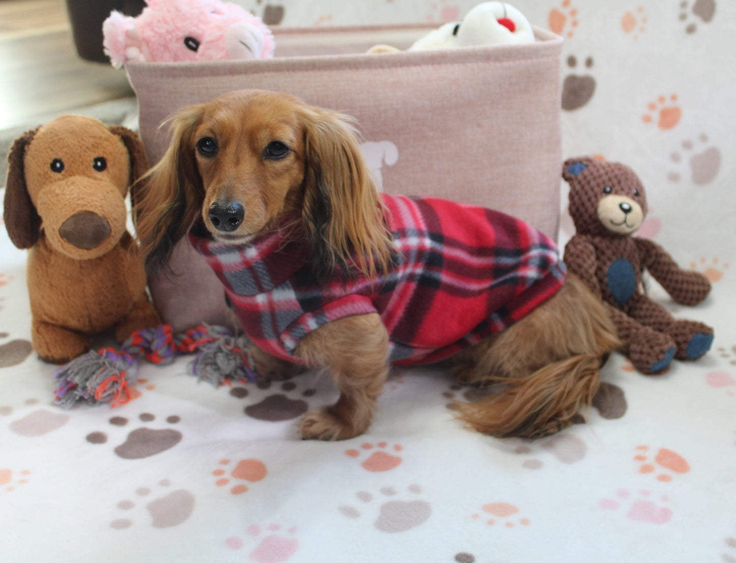 Falko Red Plaid Fleece Dachshund Sweater - Measurements in item description
