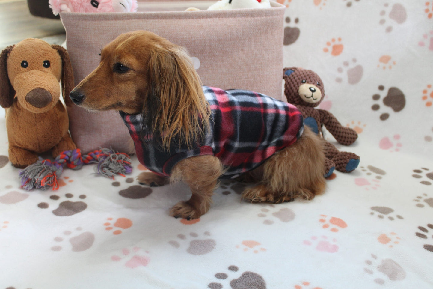 Marcos Black & Red Plaid Fleece Dachshund Sweater - Measurements in item description