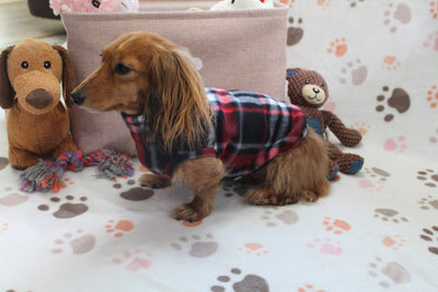Marcos Black & Red Plaid Fleece Dachshund Sweater - Measurements in item description