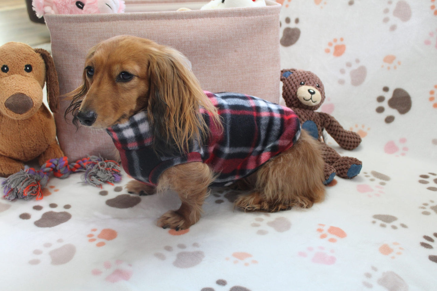 Marcos Black & Red Plaid Fleece Dachshund Sweater - Measurements in item description
