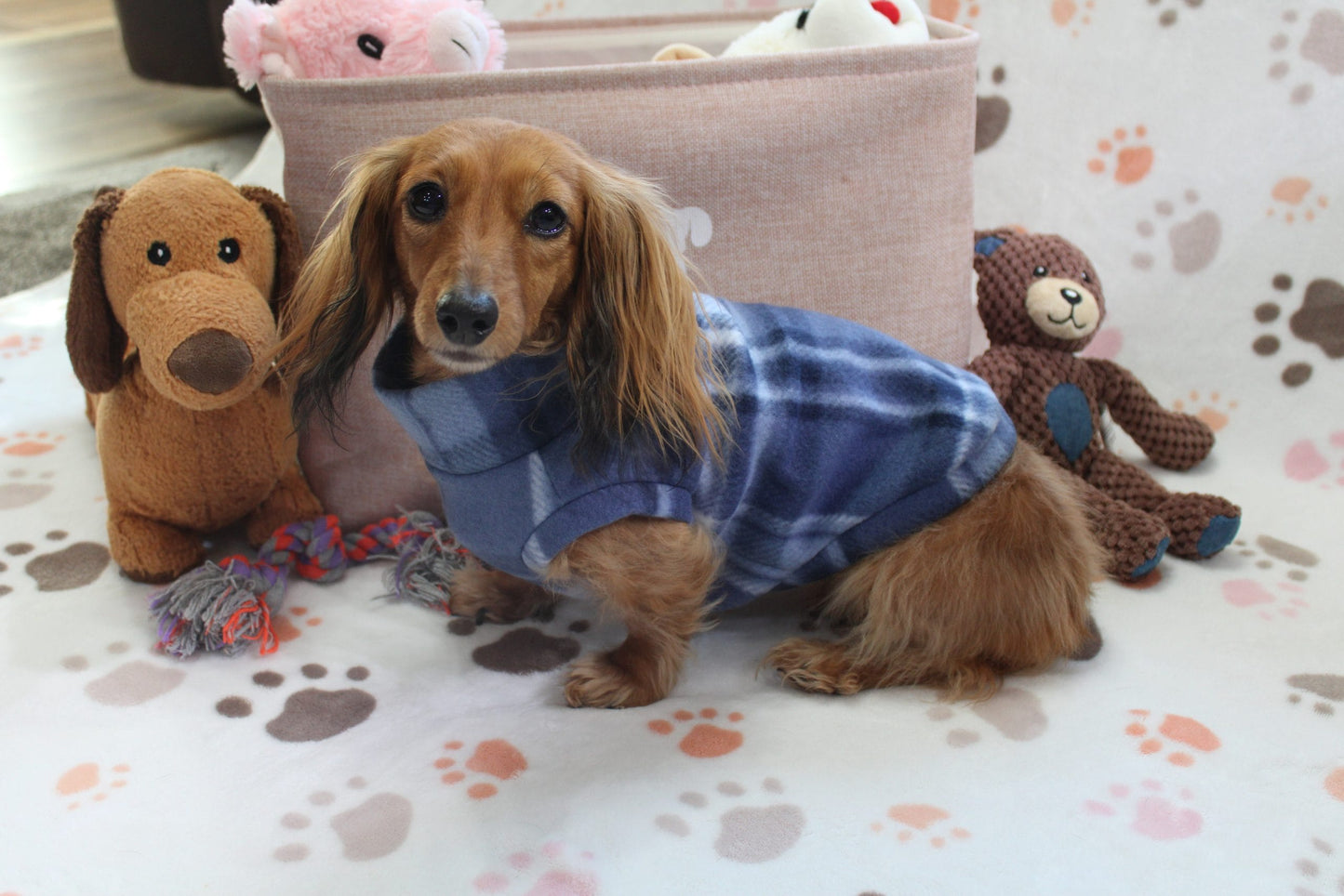 Falko Blue Plaid Fleece Dachshund Sweater - Measurements in item description