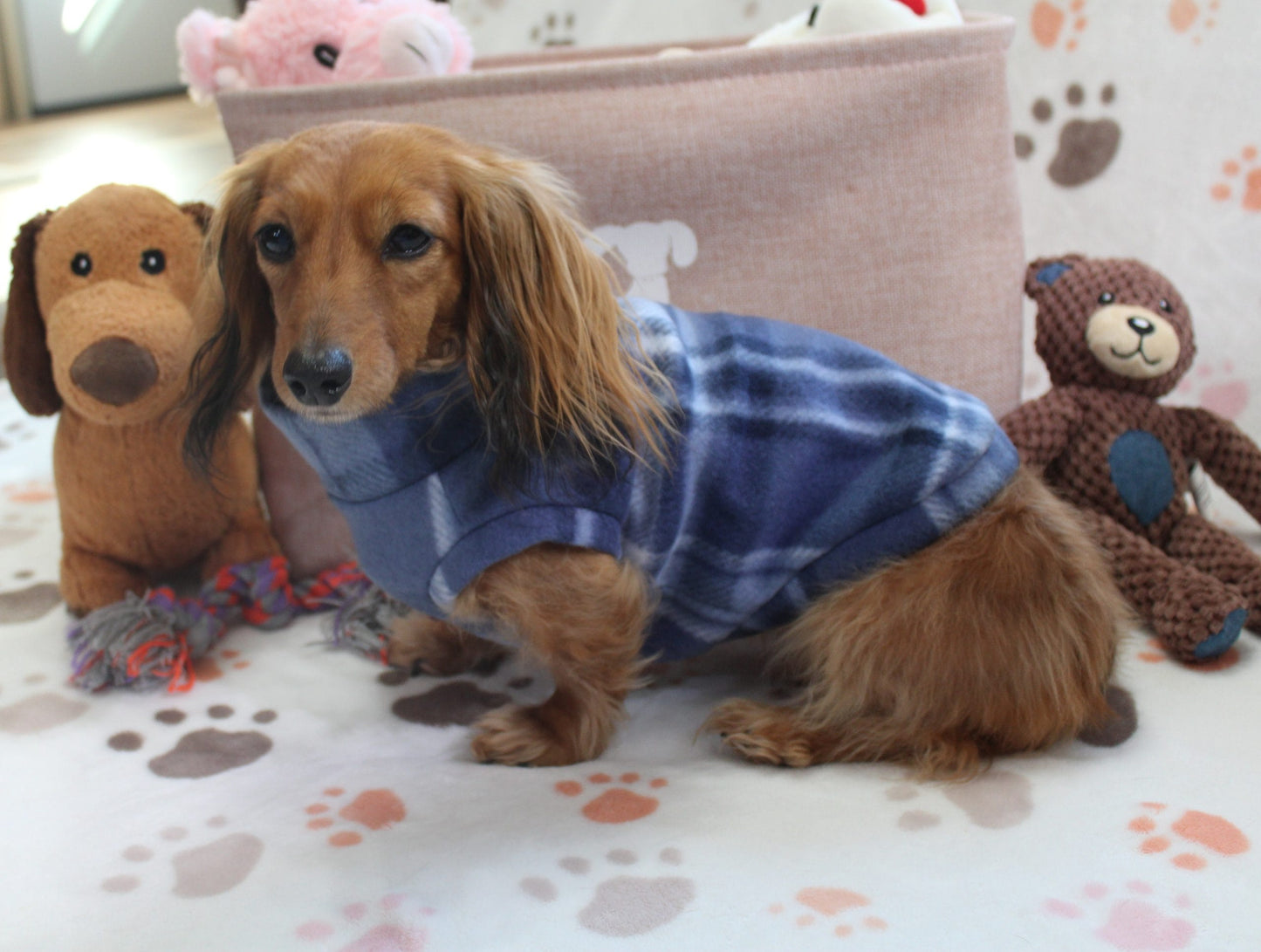 Falko Blue Plaid Fleece Dachshund Sweater - Measurements in item description
