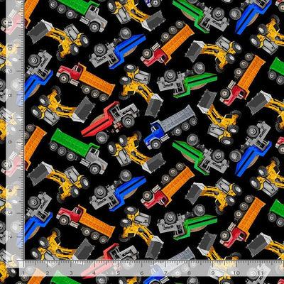 Timeless Treasures Construction Vehicles Tossed Quilting Cotton Fabric- Black
