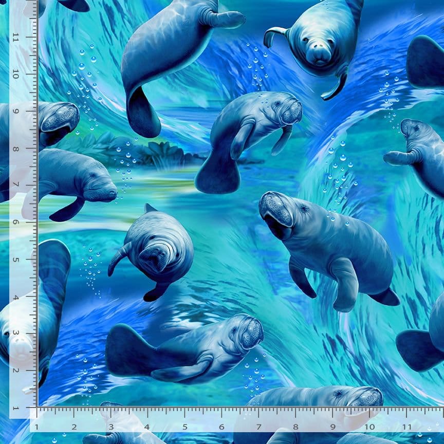 Timeless Treasures Ocean Life Playful Manatee Quilting Cotton Fabric- Blue