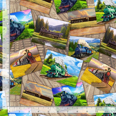 Timeless Treasures Tour Around The World Trains Postcard & Track Quilting Cotton Fabric- Multi