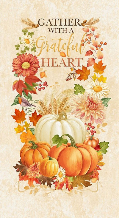 Timeless Treasures Gather With a Grateful Heart Harvest Gather 24" Panel Quilting Cotton Fabric- Cream