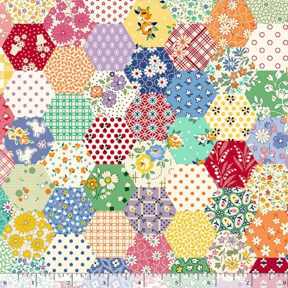 Marcus Fabrics Aunt Grace Goes Scrappy Hexagon Quilting Cotton Fabric- Multi