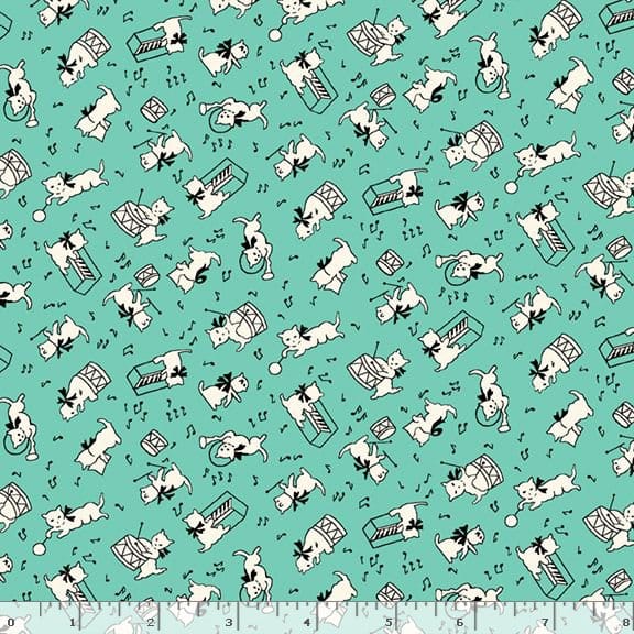 Marcus Fabrics Aunt Grace Goes Scrappy Cat Quilting Cotton Fabric- Aqua