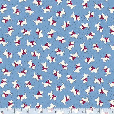 Marcus Fabrics Aunt Grace Goes Scrappy Scottie Quilting Cotton Fabric- Blue