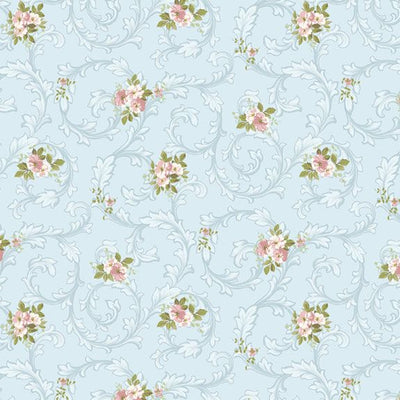 Marcus Fabrics Just Rosy Floral Scroll Quilting Cotton Fabric- Sky