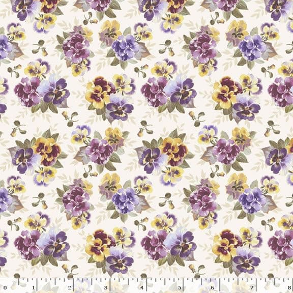 19" Remnant Marcus Fabrics Dandy Pansies Pansy Garden Quilting Cotton Fabric- Cream