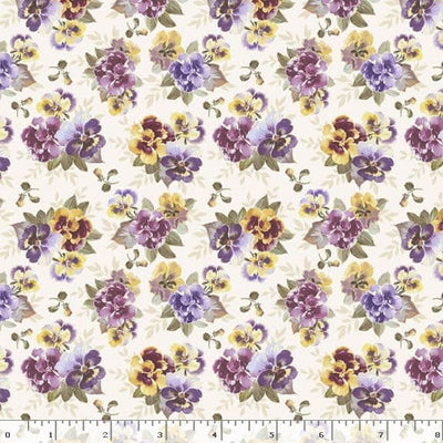 19" Remnant Marcus Fabrics Dandy Pansies Pansy Garden Quilting Cotton Fabric- Cream