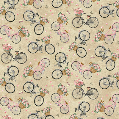 Timeless Treasures Jardin French Floral Bike Quilting Cotton Fabric- Taupe