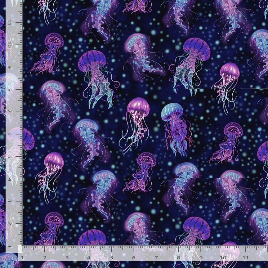 Timeless Treasures Ocean Life Bioluminescent Jellyfish 8" Quilting Cotton Fabric- Midnight