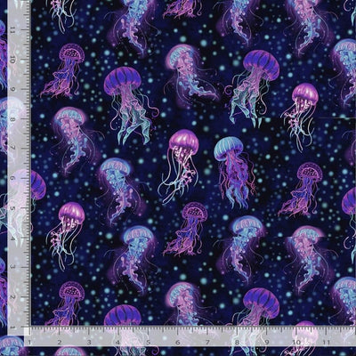 Timeless Treasures Ocean Life Bioluminescent Jellyfish 8" Quilting Cotton Fabric- Midnight