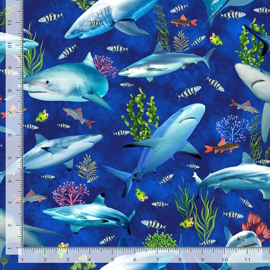 Timeless Treasures Ocean Life Reef Shark & Fishes Quilting Cotton Fabric- Deep