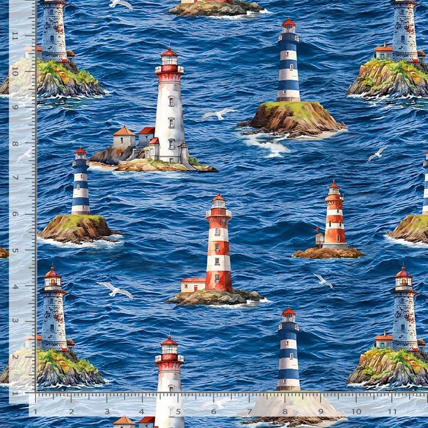 Timeless Treasures Beacon of Light Lighthouse Scenic Quilting Cotton Fabric- Sea