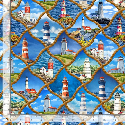 Timeless Treasures Beacon of Light Lighthouse in Diamond Rope Quilting Cotton Fabric- Multi