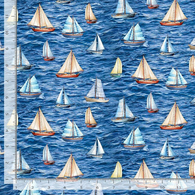 Timeless Treasures Beacon of Light Sailboats in the Sea Quilting Cotton Fabric- Ocean