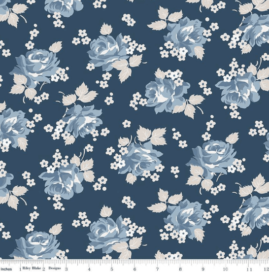 Riley Blake Serenity Blues Roses Quilting Cotton Fabric- Navy