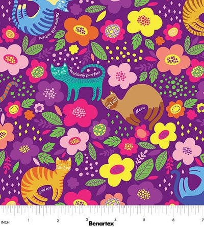 Benartex Cheeto's World Cheeto and Friends Quilting Cotton Fabric- Purple