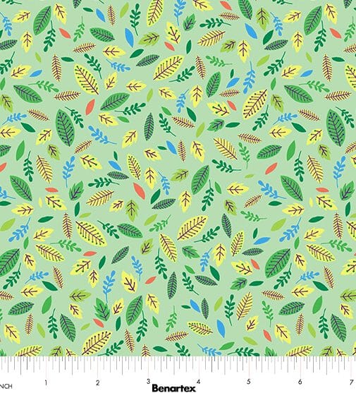 Benartex Cheeto's World Scattered Leaves Quilting Cotton Fabric- Green