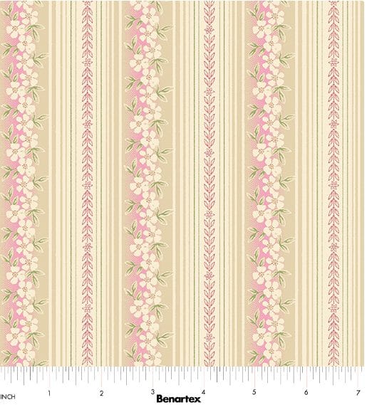 Benartex Beloved Apple Blossom Hampton Stripe Quilting Cotton Fabric- Rose/Natural