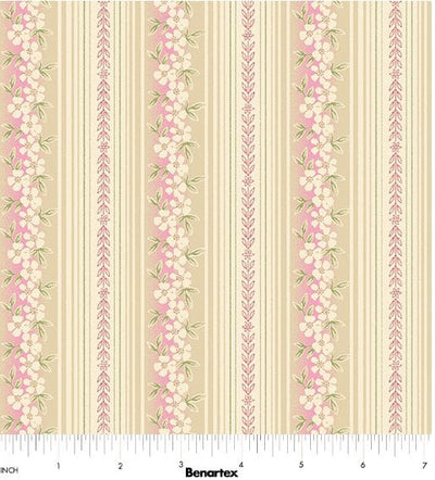 Benartex Beloved Apple Blossom Hampton Stripe Quilting Cotton Fabric- Rose/Natural
